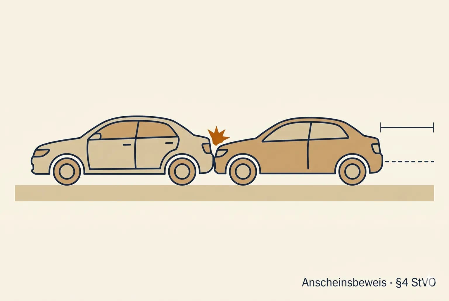 Editorial-Illustration: zwei Autos beim Auffahrunfall mit amberfarbenem Aufprallpunkt und Abstands-Markierung — Anscheinsbeweis