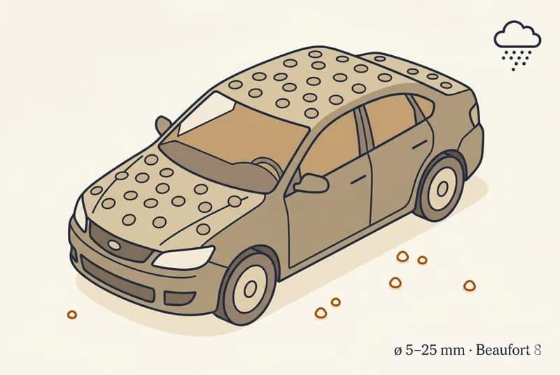 Editorial-Illustration · beigefarbenes Auto mit dunklen Hagel-Dellen auf Dach und Motorhaube, kleine Hagelkörner um den Wagen, Wolken-Icon oben rechts
