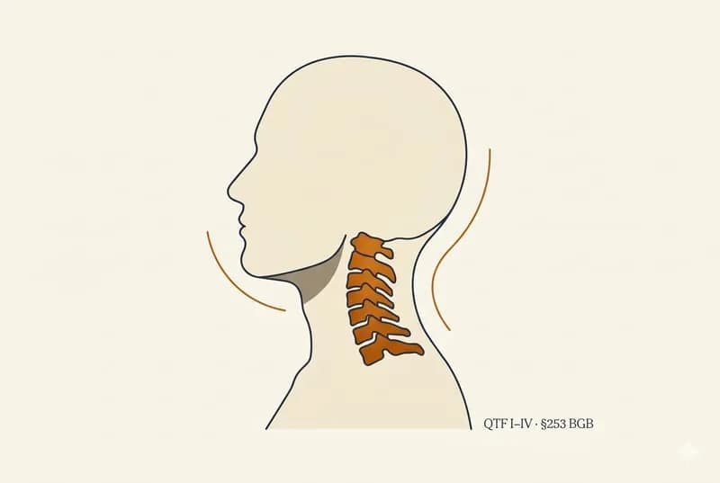 Editorial-Illustration · stilisierter Kopf-Profil mit Halswirbelsäule in amber, QTF I–IV Annotation