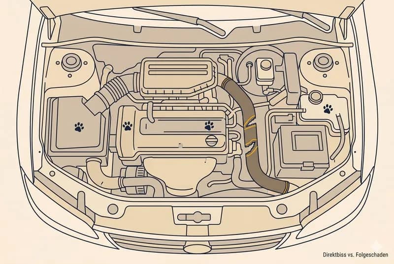 Editorial-Illustration · offener Motorraum von oben mit Bissmarke am Schlauch, kleine Pfötchen-Spuren