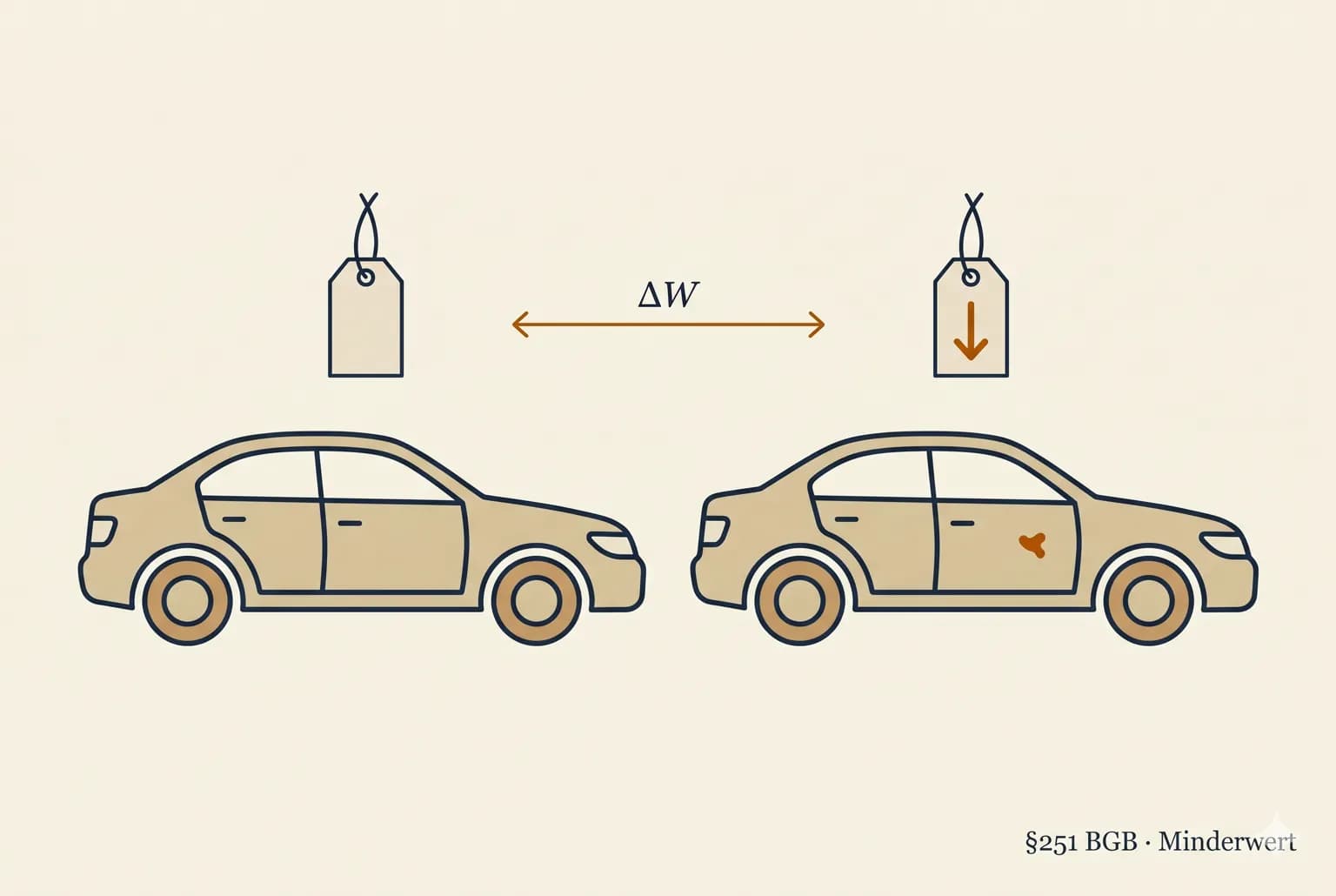 Editorial-Illustration: zwei gleiche Autos mit Preisschildern und abwärts gerichtetem Wert-Pfeil — merkantile Wertminderung