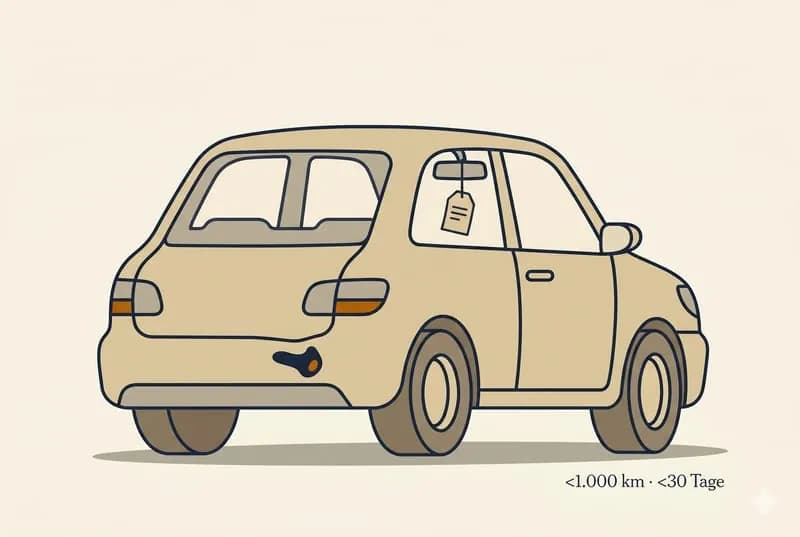 Editorial-Illustration · fast neues Auto mit Preisschild am Rückspiegel und kleiner Delle,