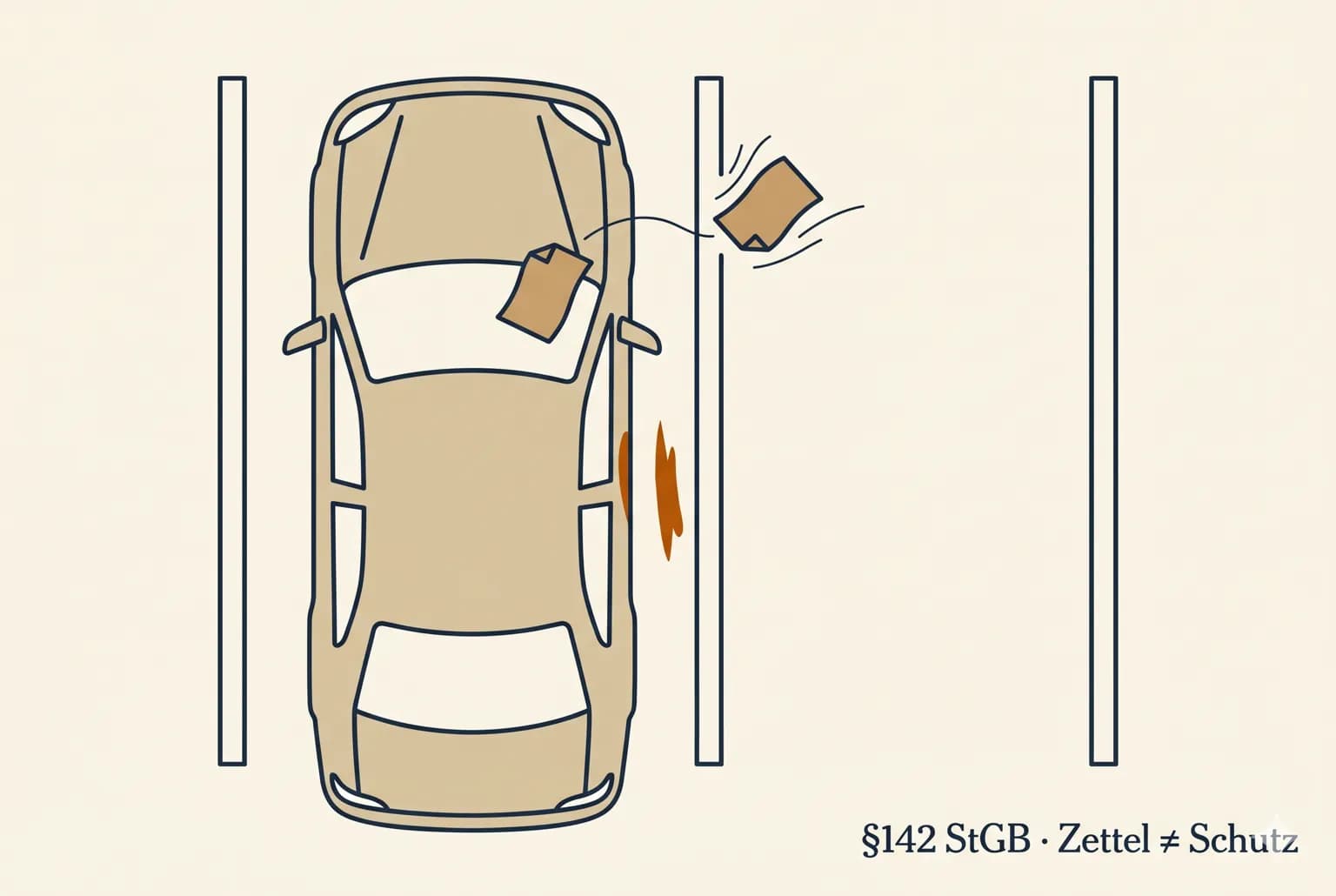 Editorial-Illustration: geparktes Auto mit Kratzer an der Seite und Notizzettel an der Scheibe — Parkschaden