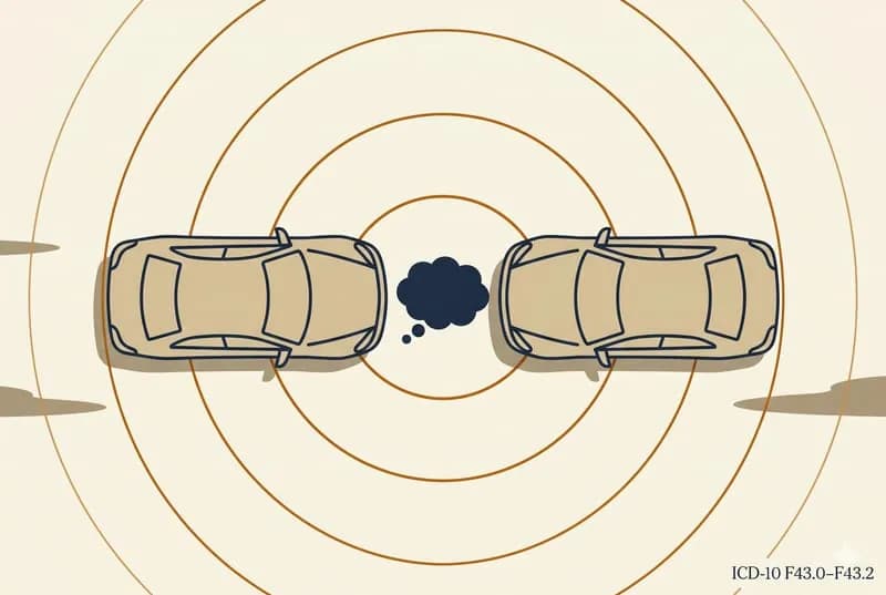 Editorial-Illustration · zwei Autos von oben mit konzentrischen amber Wellenkreisen und Gedankenblase dazwischen, ICD-10 F43-Annotation