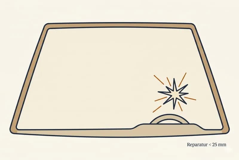 Editorial-Illustration · Frontscheibe mit Stern-förmigem Steinschlag, navy Outline auf cream, Reparatur-Annotation