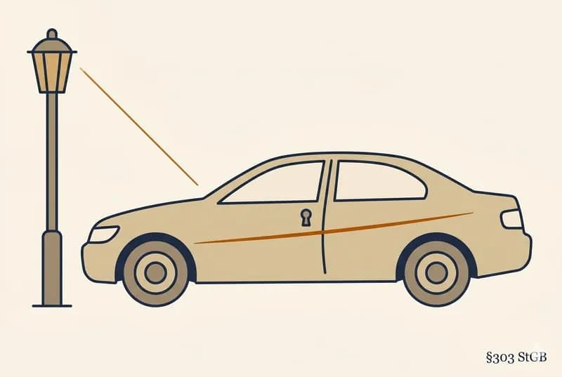 Editorial-Illustration · beiges Auto mit langem amber Schlüssel-Kratzer, Straßenlampe wirft Lichtstrahl