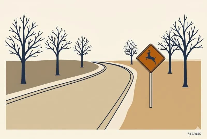 Editorial-Illustration · ländliche Straße mit Wildwechsel-Warnschild und kahlen Bäumen, weiches Licht