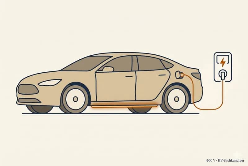 Editorial-Illustration · generisches E-Auto mit Ladekabel zu Ladestation, 400-V-Annotation