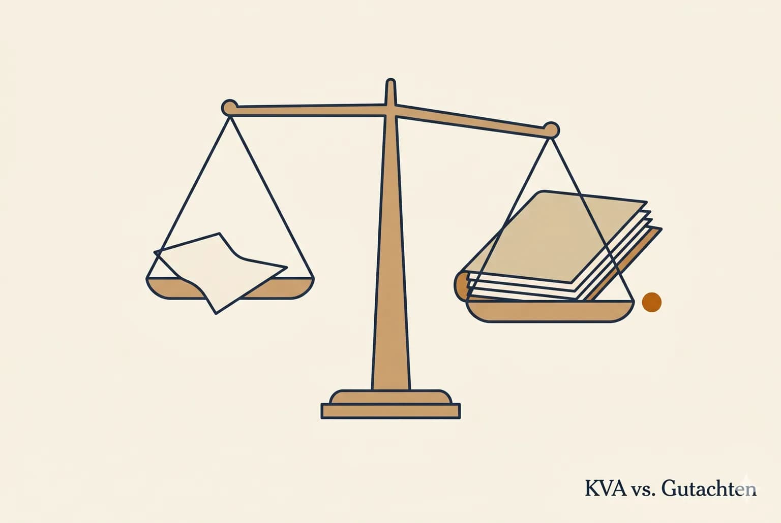 Editorial-Illustration: Waage mit dünnem Kostenvoranschlag-Zettel gegen dickere Gutachten-Mappe — KVA vs. Gutachten