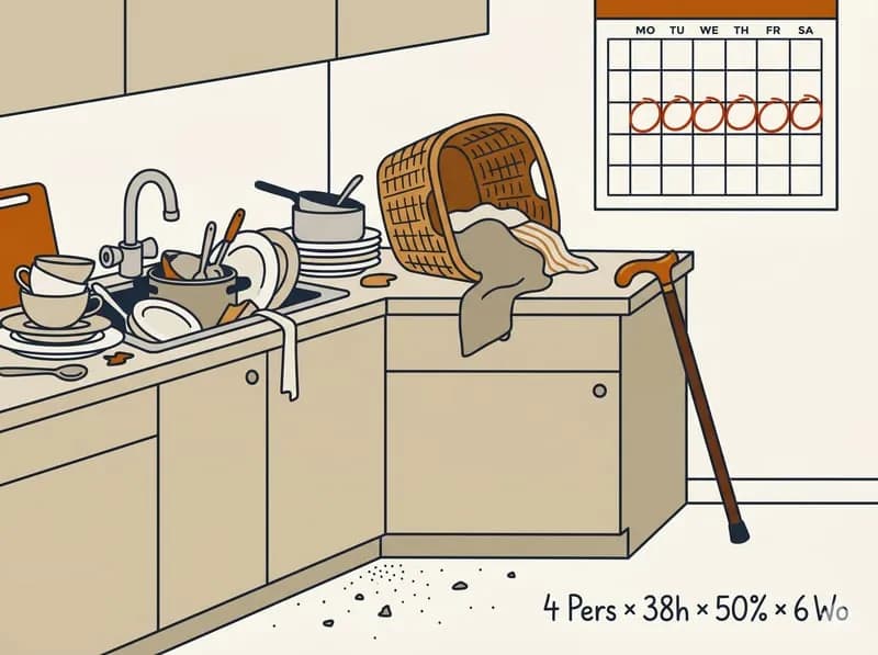 Editorial-Illustration: Küche mit liegen gebliebenen Aufgaben, Kalender mit markierten Tagen, Gehhilfe