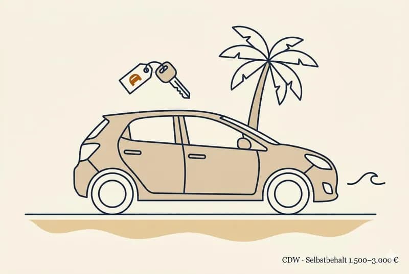 Mediterraner Küstenweg mit geparkten kleinen Mietwagen, weiches Licht, eine Hand reicht den Schlüssel an einen Beifahrer
