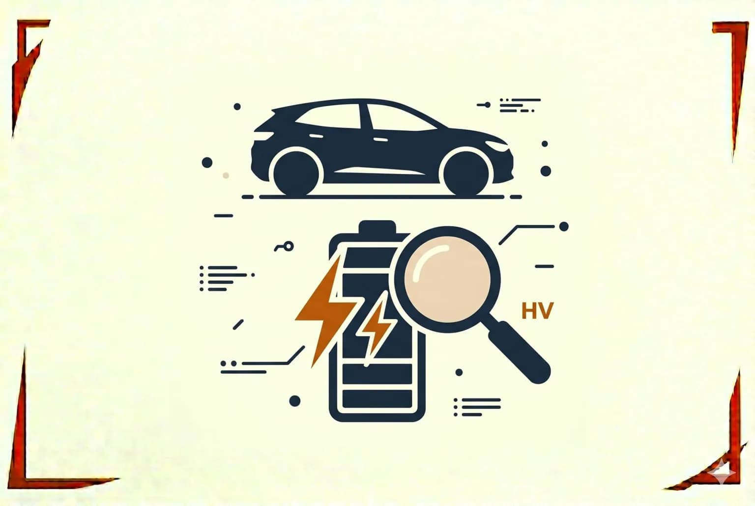 Editorial-Illustration: E-Auto-Gutachten · Tesla und vergleichbare Fahrzeuge nach Unfall